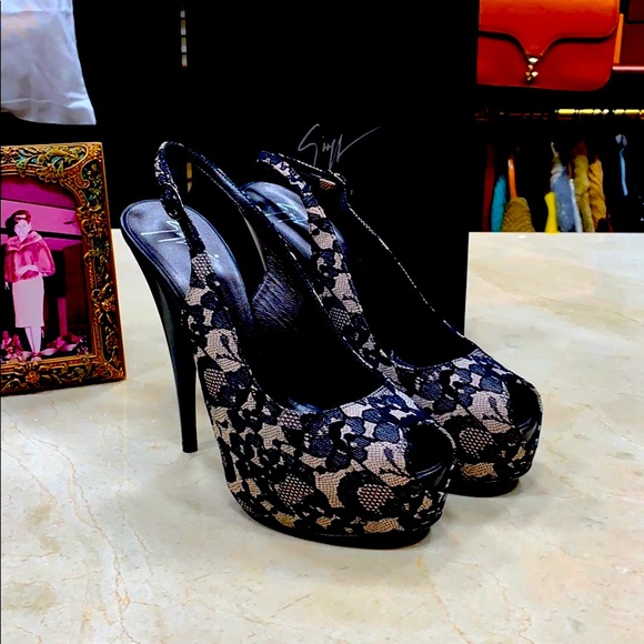 GIUSEPPE ZANOTTI SEXY MONRO BLACK LACE AND LEATHER PEEP TOE PLATFORM STILETTO
